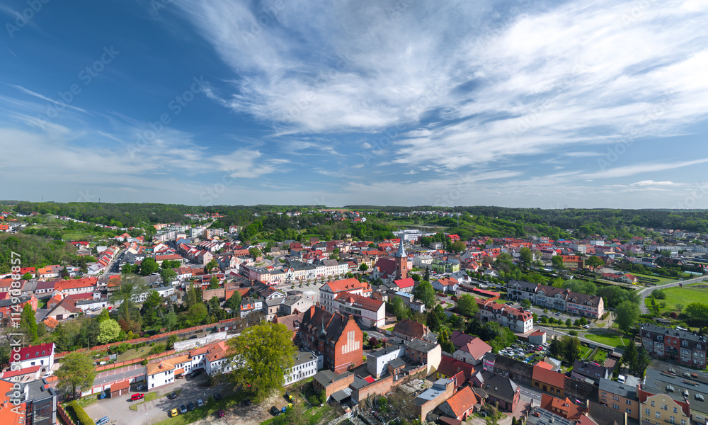 Summer skyline cityscape of Czarnków, Wielkopolska, Poland. Aerial wide panorama