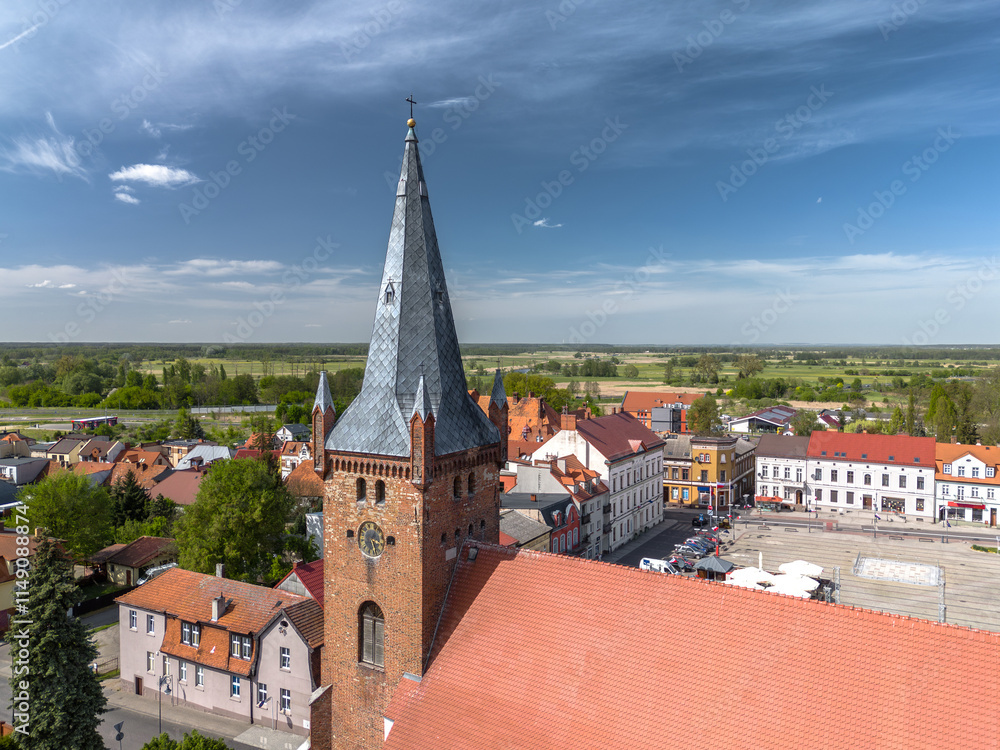 Summer skyline cityscape of Czarnków, Wielkopolska, Poland. Aerial panoramic view of Old Town and Plac Wolności