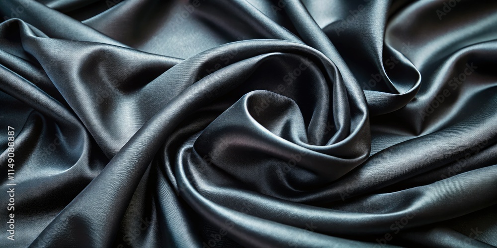Fototapeta premium Dark silk texture, abstract black pattern aerial view. Copy space, shadow play, line art design.
