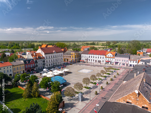 Obraz na płótnie Summer skyline cityscape of Czarnków, Wielkopolska, Poland. Aerial panoramic view of Plac Wolności w salonie