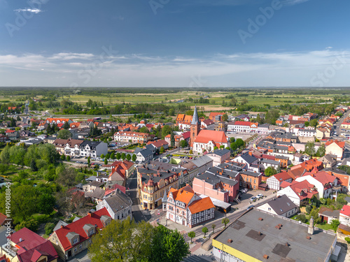 Obraz na płótnie Summer skyline cityscape of Czarnków, Wielkopolska, Poland. Aerial panoramic view of Old Town and Plac Wolności w salonie