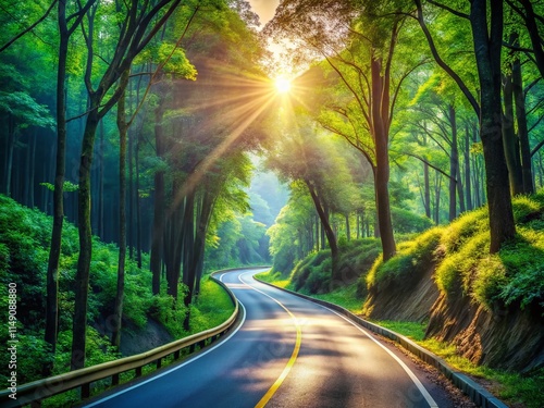 Hangzhou Mountain Road: Double Exposure of Asphalt Highway and Lush Green Forest Landscape photo