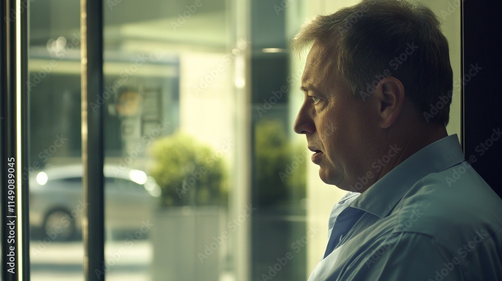 Bank office exterior with concerned customer standing outside, reflecting on financial decisions and seeking solutions. Trust and reassurance in banking services. Bank office exterior with concerned customer standing outside, reflecting on financial decisions and seeking solutions. Trust and reassurance in banking services.
