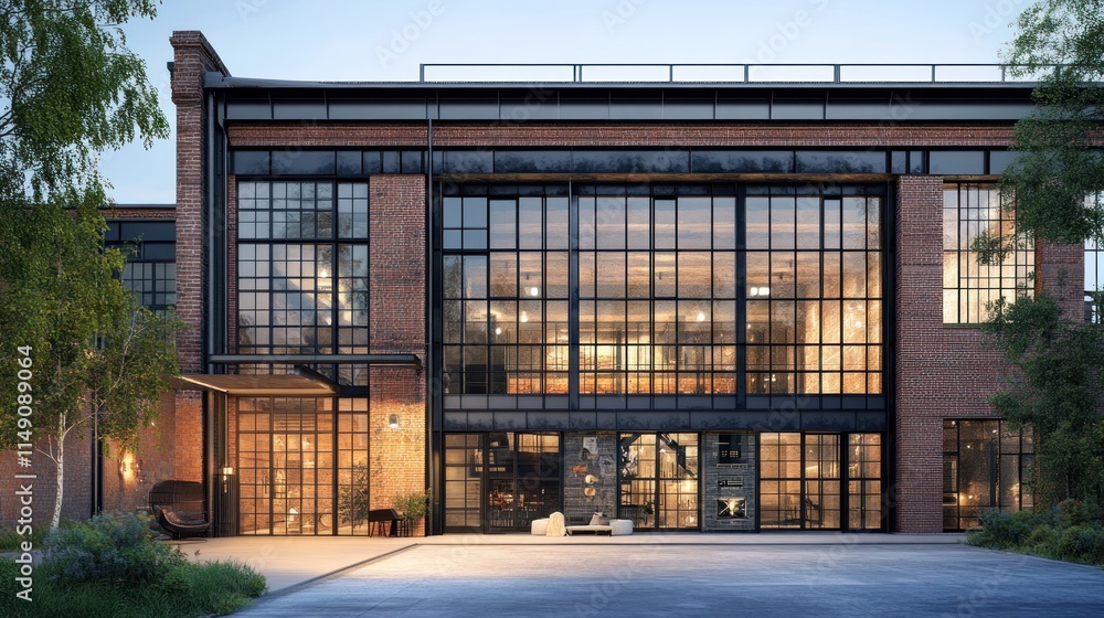 Industrial-style loft building, exposed steel beams, brick facade, modern architectural details, realistic 3D render Industrial-style loft building, exposed steel beams, brick facade, modern architectural details, realistic 3D render