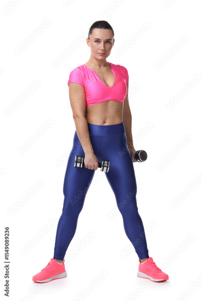 Woman exercising with dumbbells on white background