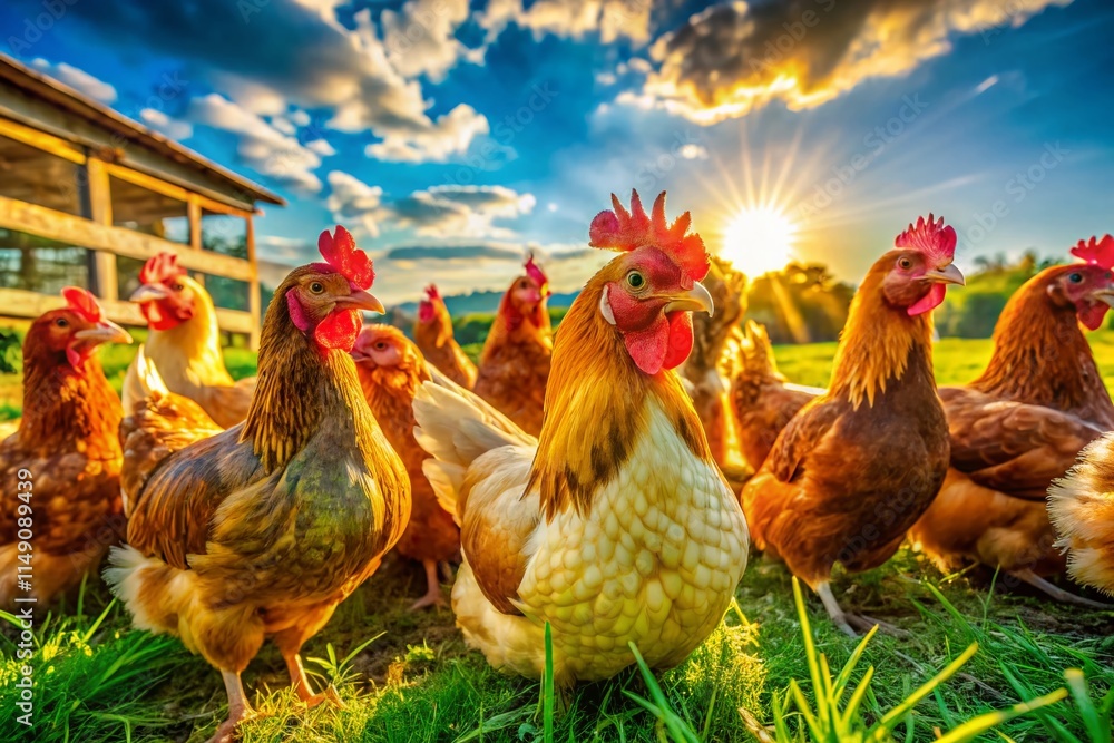 Fototapeta premium Happy Chickens Basking in Sunlight: Vibrant Farm Scene Stock Photo