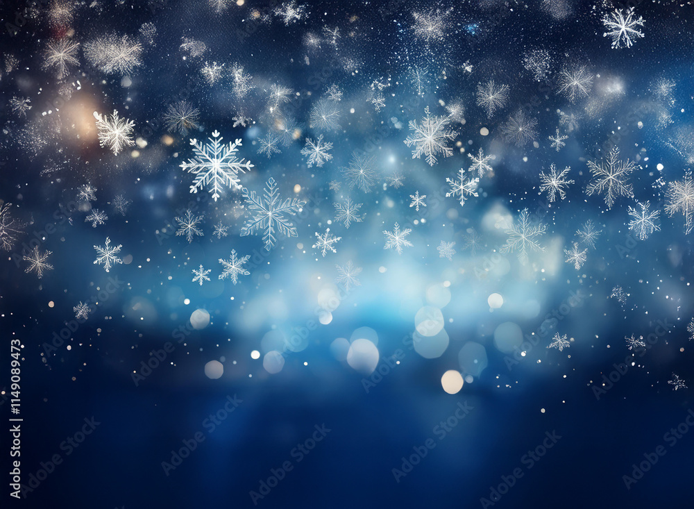 A mesmerizing winter scene: countless snowflakes gently fall against a dark blue, bokeh-lit backdrop. The image evokes a serene, magical winter night. A mesmerizing winter scene: countless snowflakes gently fall against a dark blue, bokeh-lit backdrop. The image evokes a serene, magical winter night.