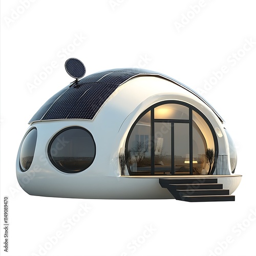 futuristic dome house with solar panels isolated on white background photo