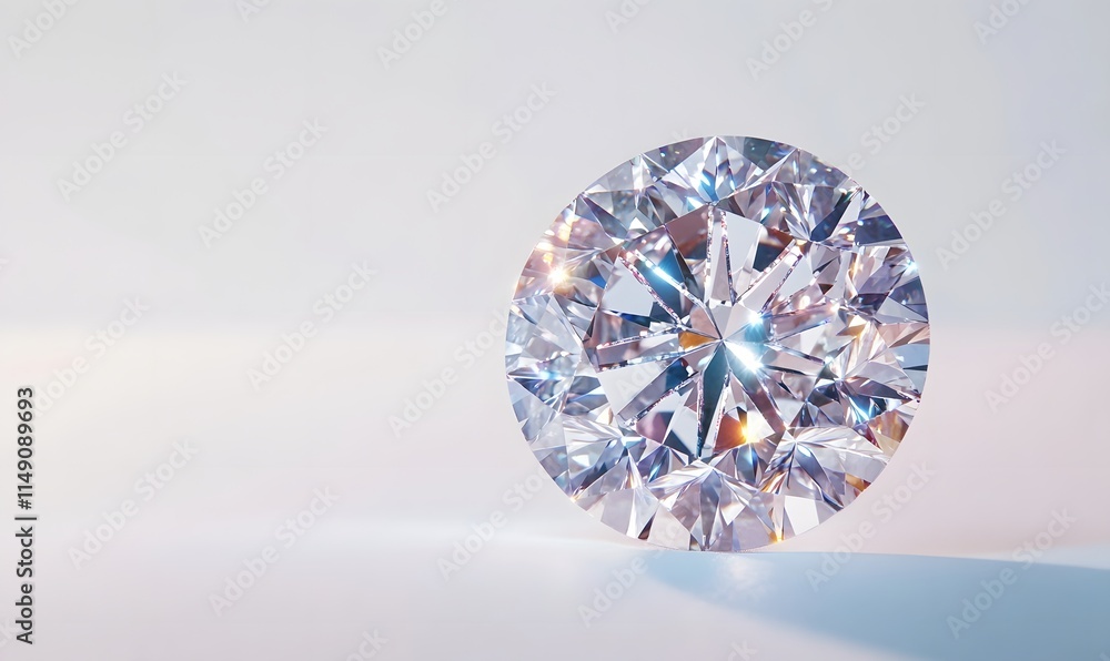 Single round cut diamond with light reflection on a white surface. Single round cut diamond with light reflection on a white surface.