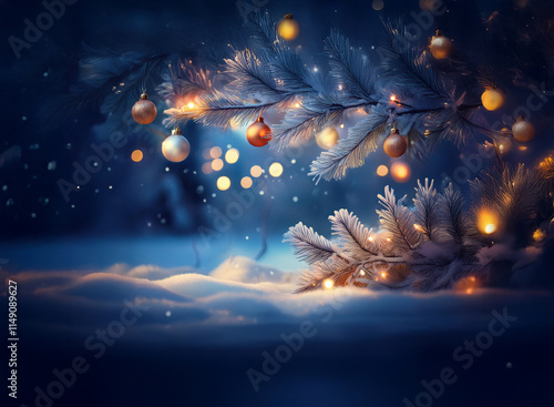 Wallpaper Mural A snow-covered evergreen branch adorned with warm-toned ornaments and twinkling lights rests on a snowy landscape under a dark winter sky.  The scene evokes a magical, serene winter wonderland. Torontodigital.ca