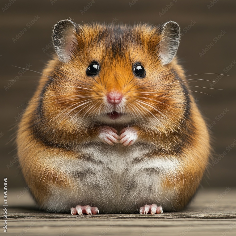 A cute, fluffy hamster with a surprised expression, sitting on a wooden surface.