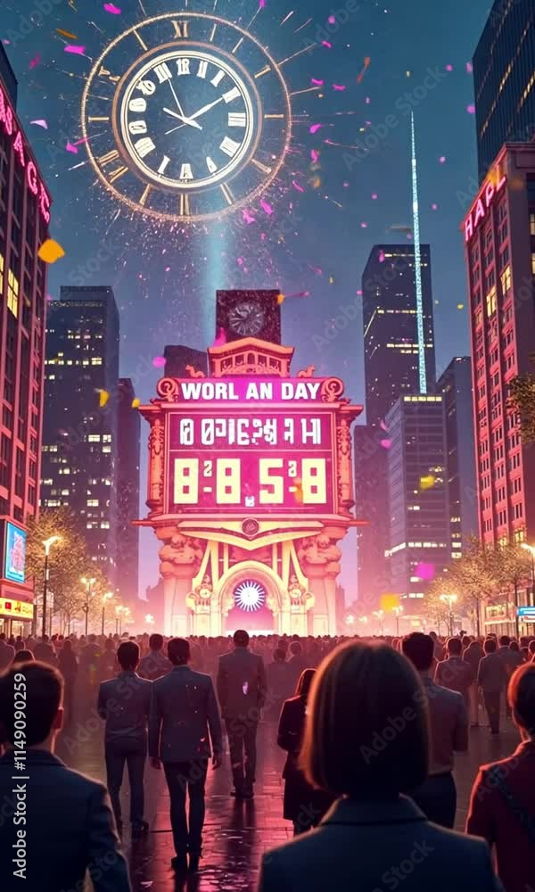 A grand countdown event in a public square with a massive digital clock, colorful confetti, and an excited crowd celebrating with joy A grand countdown event in a public square with a massive digital clock, colorful confetti, and an excited crowd celebrating with joy