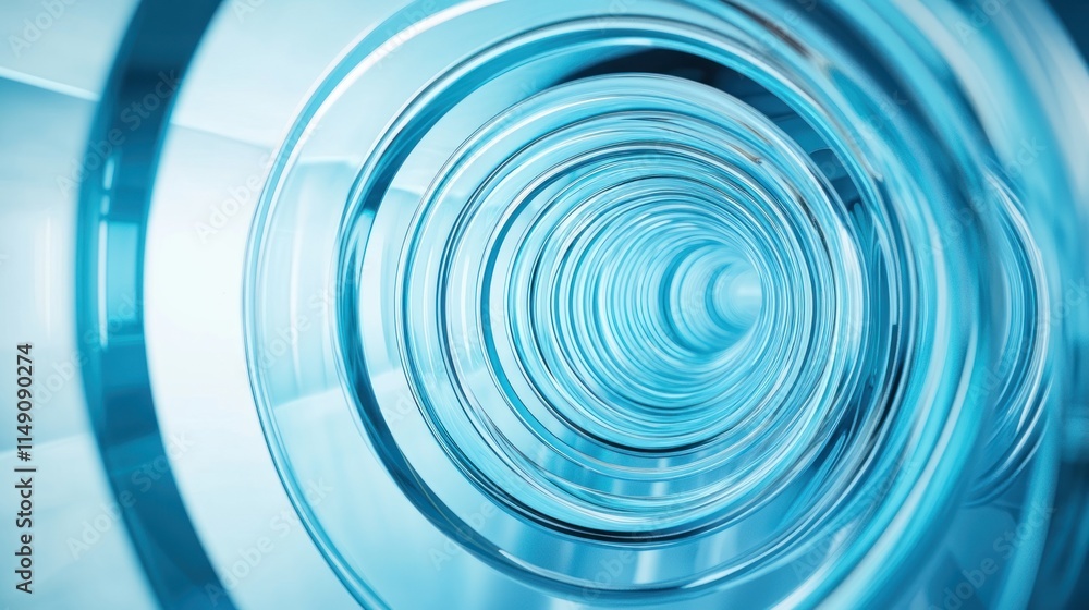 Obraz premium Abstract Blue Tunnel: A Journey Through Concentric Glass Rings. Dive into a mesmerizing visual experience with this abstract depiction of a tunnel formed by concentric glass rings. The vibrant blue
