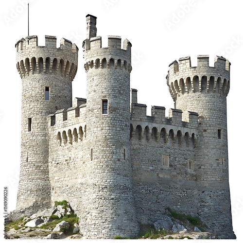 historic castle with stone walls and towers isolated on white background photo