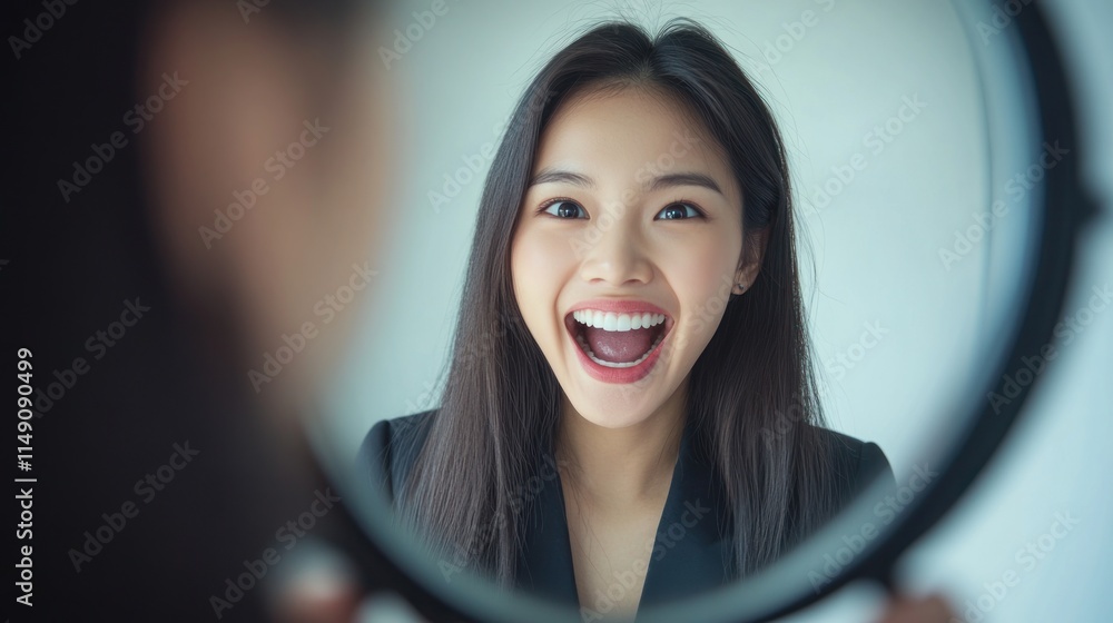 Happy woman looking at herself in a mirror. Happy woman looking at herself in a mirror.