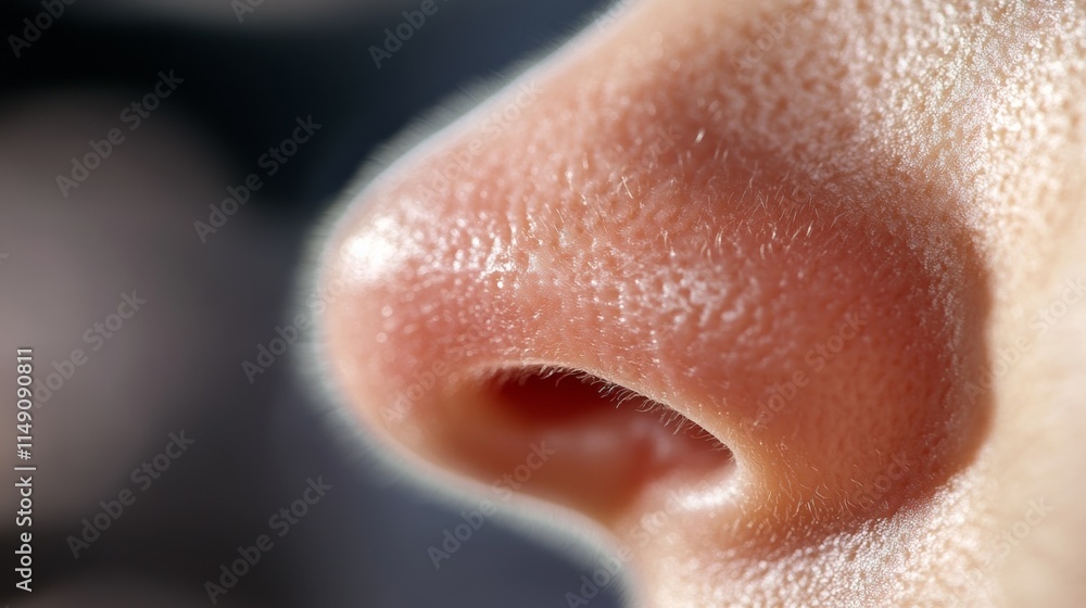 Fototapeta premium Close up of red irritated nose, emphasizing the discomfort and struggle of allergies or cold symptoms, highlighting the human vulnerability and resilience in the face of common ailments.
