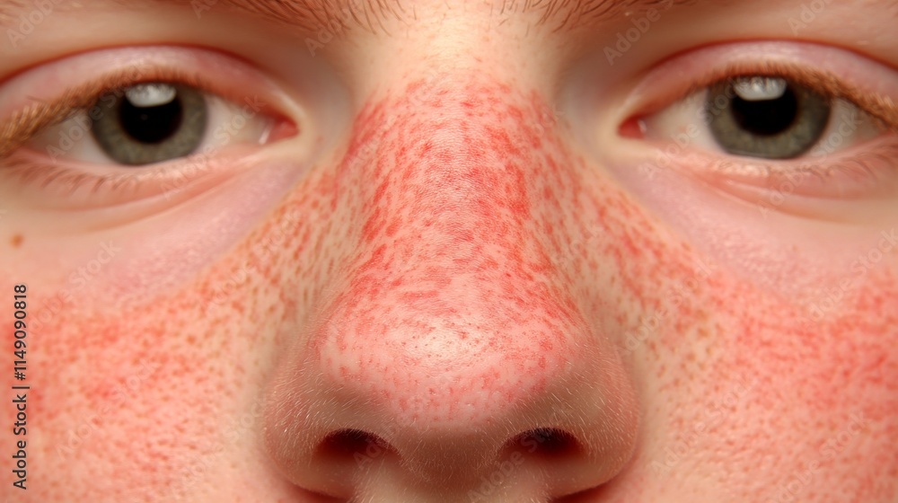 Fototapeta premium Close up of red irritated nose, emphasizing the discomfort and struggle of allergies or cold symptoms, highlighting the human vulnerability and resilience in the face of common ailments.