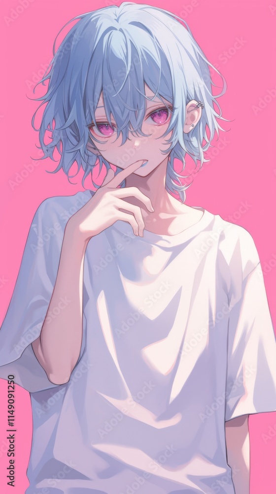 A boy with blue hair and light pink eyes wearing a white t-shirt A boy with blue hair and light pink eyes wearing a white t-shirt
