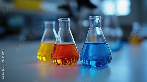 Three Erlenmeyer flasks with yellow, orange, and blue liquids on a lab table.