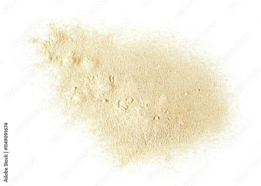 Pile ashwagandha powder pile scattered, (Withania somnifera) isolated on white, top view Pile ashwagandha powder pile scattered, (Withania somnifera) isolated on white, top view