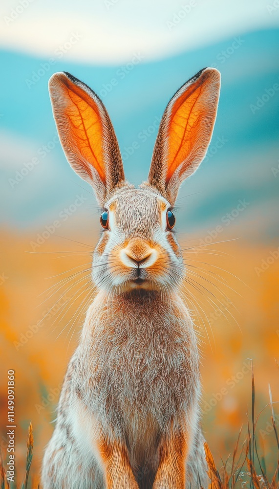 Fototapeta premium A close-up of a rabbit with large ears, set against a colorful natural background.