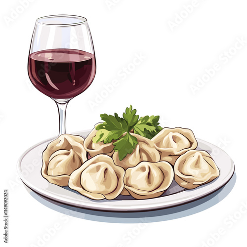 Plate of Pelmeni with Basil Garnish Illustration