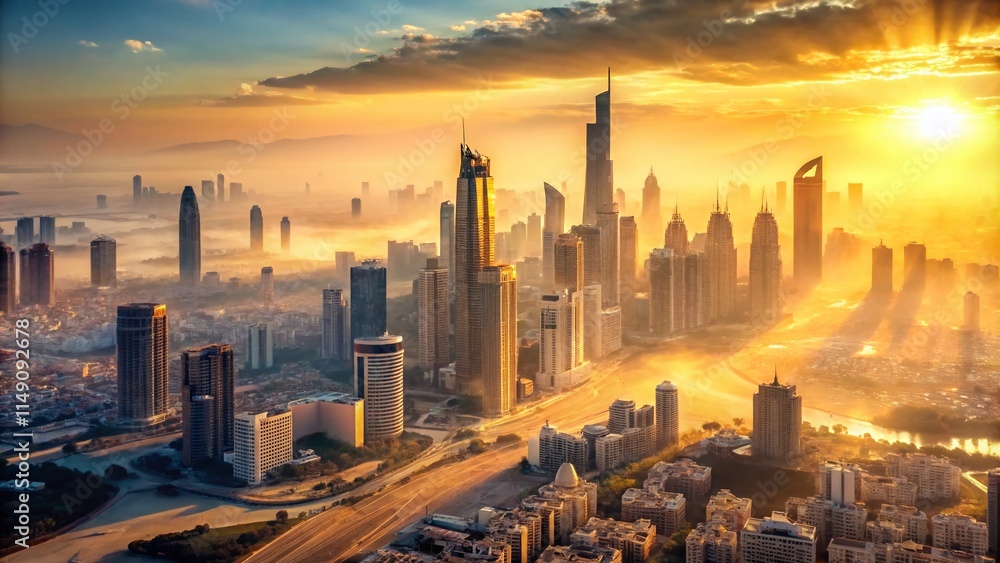 Obraz premium Hazy Abu Dhabi Cityscape Aerial View: Double Exposure Sunset Stock Photo