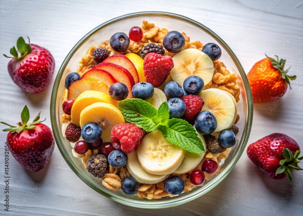 Healthy Breakfast Cereal & Fruit Bowl - Aerial Drone Shot, Isolated Healthy Breakfast Cereal & Fruit Bowl - Aerial Drone Shot, Isolated