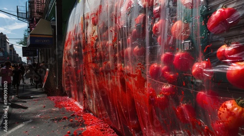 Vibrant UHD photo of store with tomatothrowing festivalgoers nearby photo