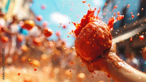 Ultra realistic UHD photo of tomatothrowing participant at La Tomatina photo