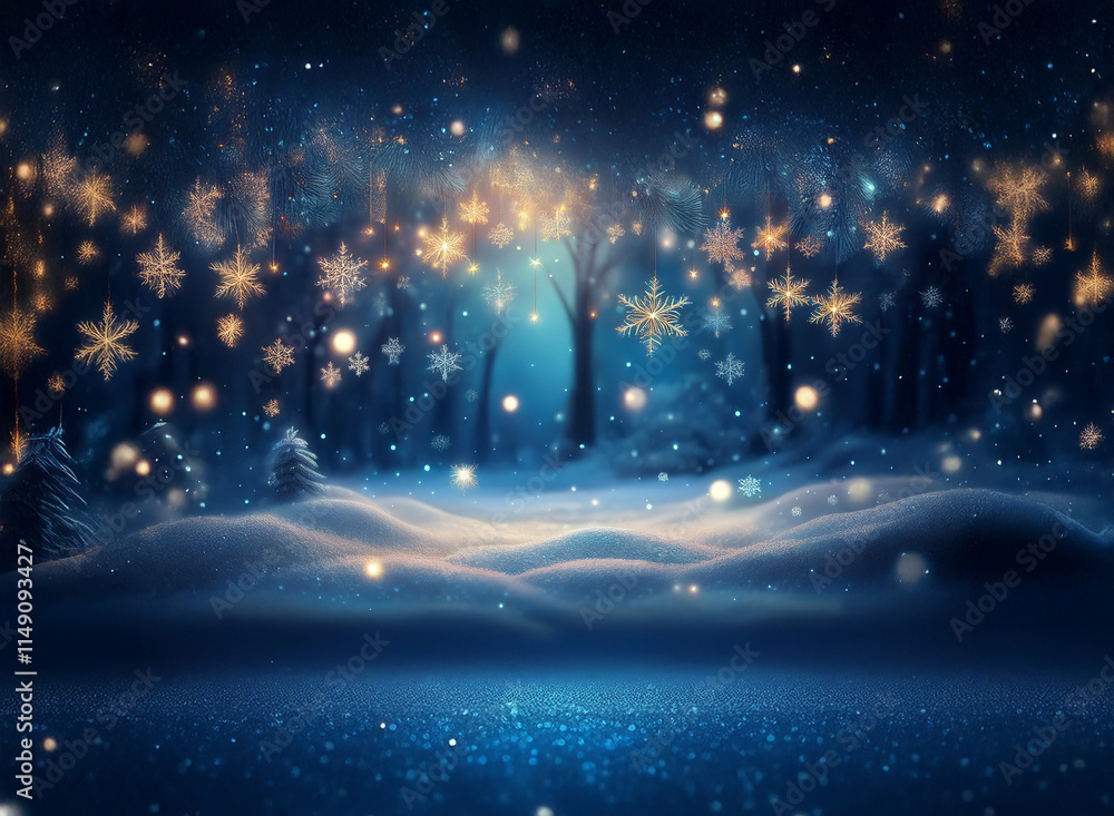 Naklejka premium Magical winter scene: snow-covered forest bathed in soft blue light, adorned with glowing snowflakes and sparkling snow. A serene, enchanting winter wonderland.