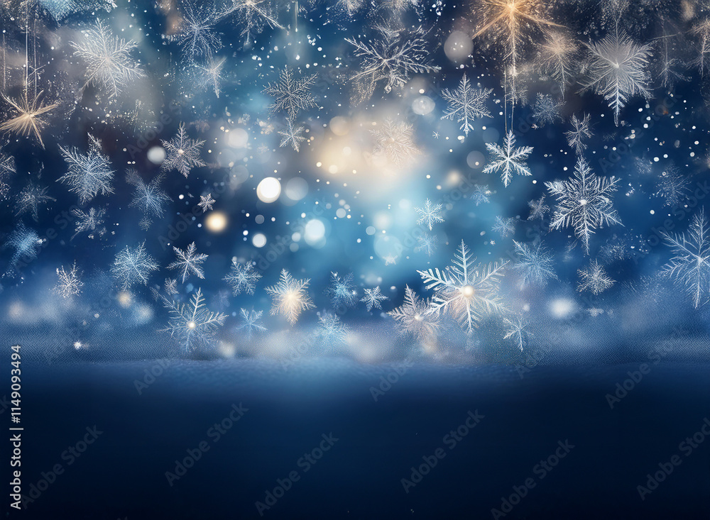 A mesmerizing winter scene: myriad snowflakes fall against a deep blue twilight sky, sparkling with soft lights and a subtle snowy ground. A mesmerizing winter scene: myriad snowflakes fall against a deep blue twilight sky, sparkling with soft lights and a subtle snowy ground.