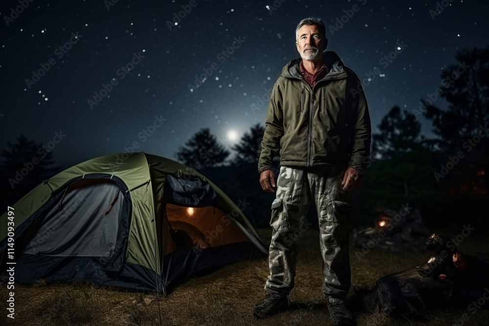Senior man camping in the forest at night. Full length portrait. Senior man camping in the forest at night. Full length portrait.