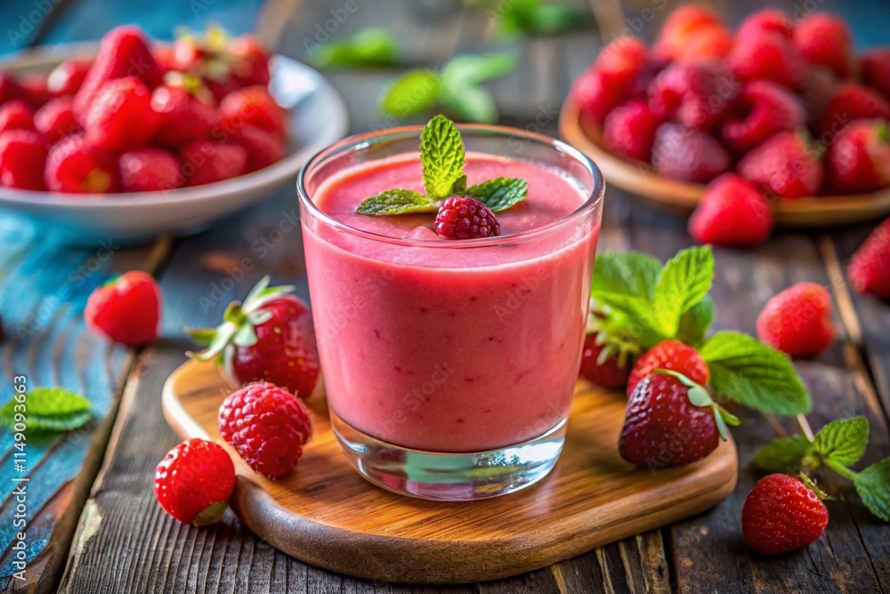 Healthy Homemade Raspberry Strawberry Smoothie in Glass, Fresh Berries, Nutritious Breakfast Healthy Homemade Raspberry Strawberry Smoothie in Glass, Fresh Berries, Nutritious Breakfast