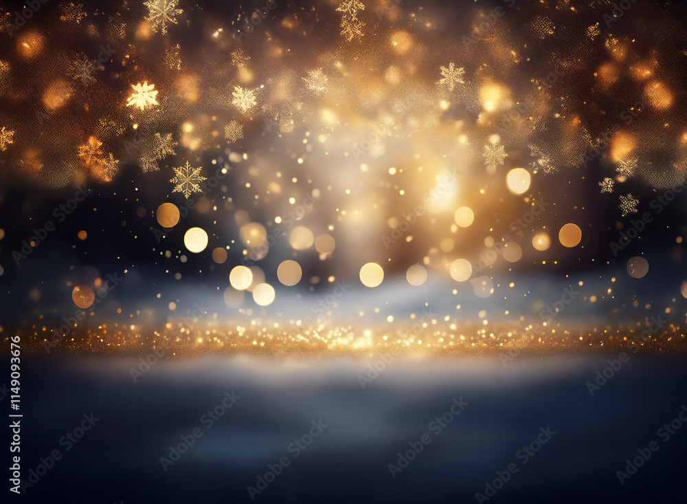 Golden snowflakes and sparkling lights descend onto a dark, hazy ground, creating a magical winter scene. A warm, inviting glow emanates from below. Golden snowflakes and sparkling lights descend onto a dark, hazy ground, creating a magical winter scene. A warm, inviting glow emanates from below.
