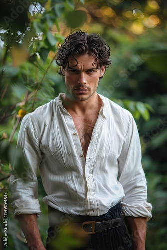 A photo of an elegant Regency era man wearing a wet white shirt in the garden
