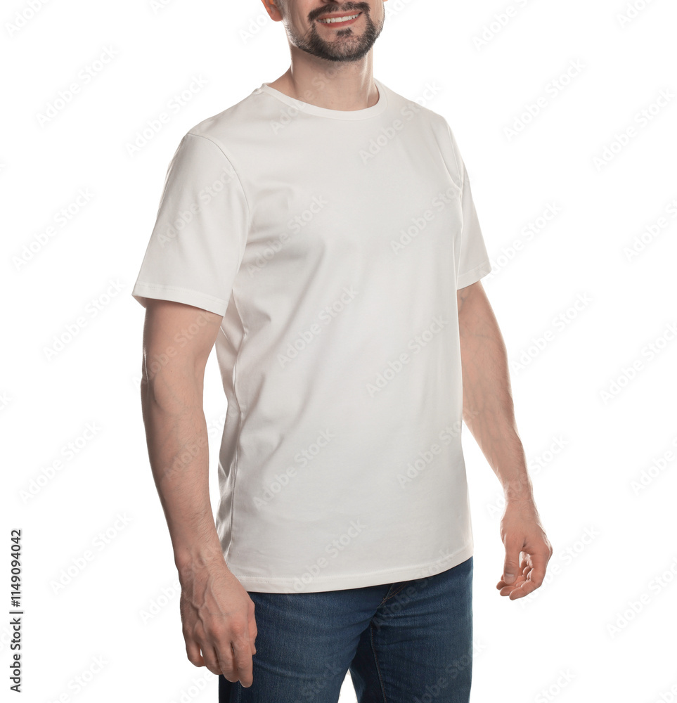 Man in blank t-shirt on white background, closeup. Mockup for design Man in blank t-shirt on white background, closeup. Mockup for design