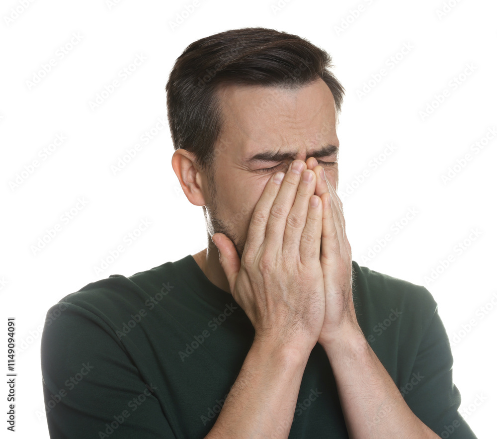Portrait of sad man crying on white background Portrait of sad man crying on white background