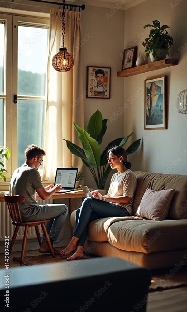 Dynamic shots of people working remotely in cozy home offices, utilizing laptops, tablets, and smartphones for productivity Dynamic shots of people working remotely in cozy home offices, utilizing laptops, tablets, and smartphones for productivity