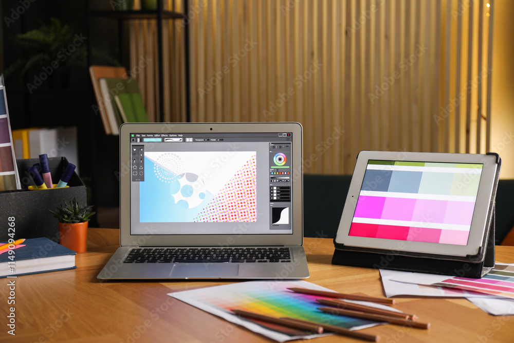 Designer's workplace with laptop, tablet, stationery and palettes on wooden table indoors Designer's workplace with laptop, tablet, stationery and palettes on wooden table indoors