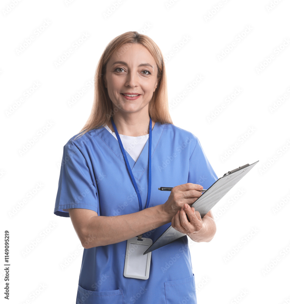 Doctor with clipboard writing notes on white background Doctor with clipboard writing notes on white background