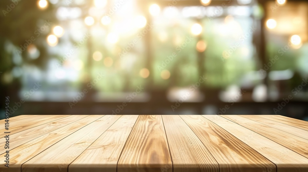 Empty light wood table top with blurred in coffee shop background Empty light wood table top with blurred in coffee shop background