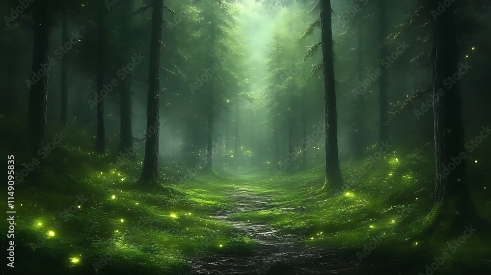 Obraz premium Enchanting Forest Path Lit By Firefly Lights