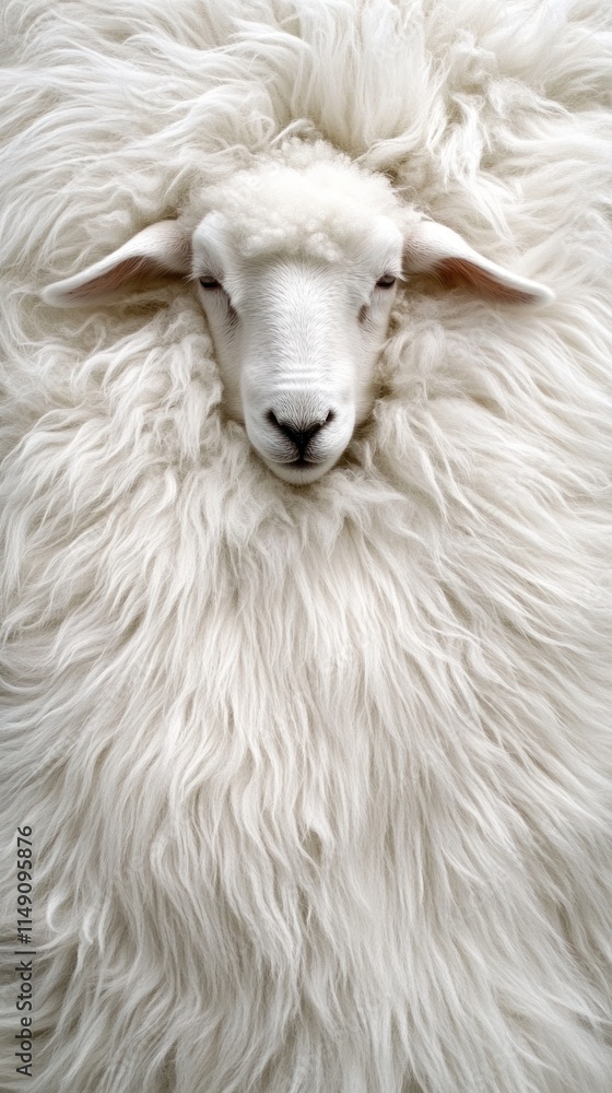 A close-up of a sheep's face surrounded by its fluffy white wool. A close-up of a sheep's face surrounded by its fluffy white wool.