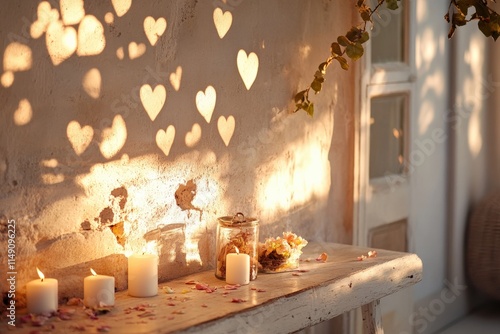 A serene table scene featuring candles casting heart-shaped shadows against a textured wall for a romantic vibe.