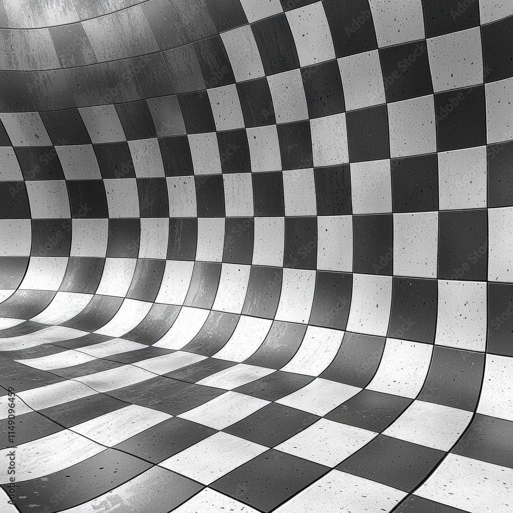 Obraz premium Black and White Checkered Pattern with Distorted Perspective View