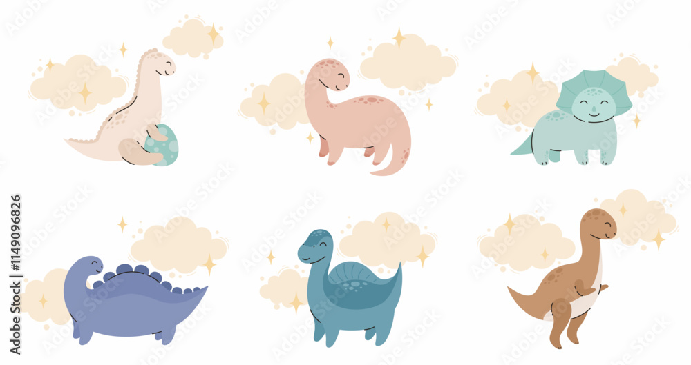 Fototapeta premium Set of cute cartoon dinosaurs. Flat vector illustration.