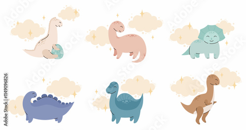 Set of cute cartoon dinosaurs. Flat vector illustration.