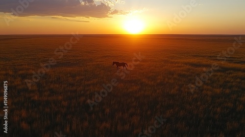 A lone horse gallops across a golden field at sunset, embodying freedom and tranquility.