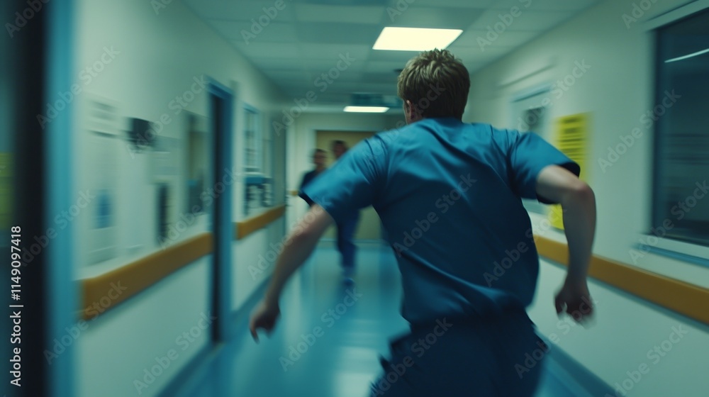 Medical staff in white coats and scrubs rushing through a hospital corridor, symbolizing urgency and dedication in healthcare, teamwork and patient care. Medical staff in white coats and scrubs rushing through a hospital corridor, symbolizing urgency and dedication in healthcare, teamwork and patient care.